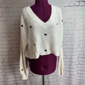 Mi Ami size large boxy cropped sweater cream with black hearts